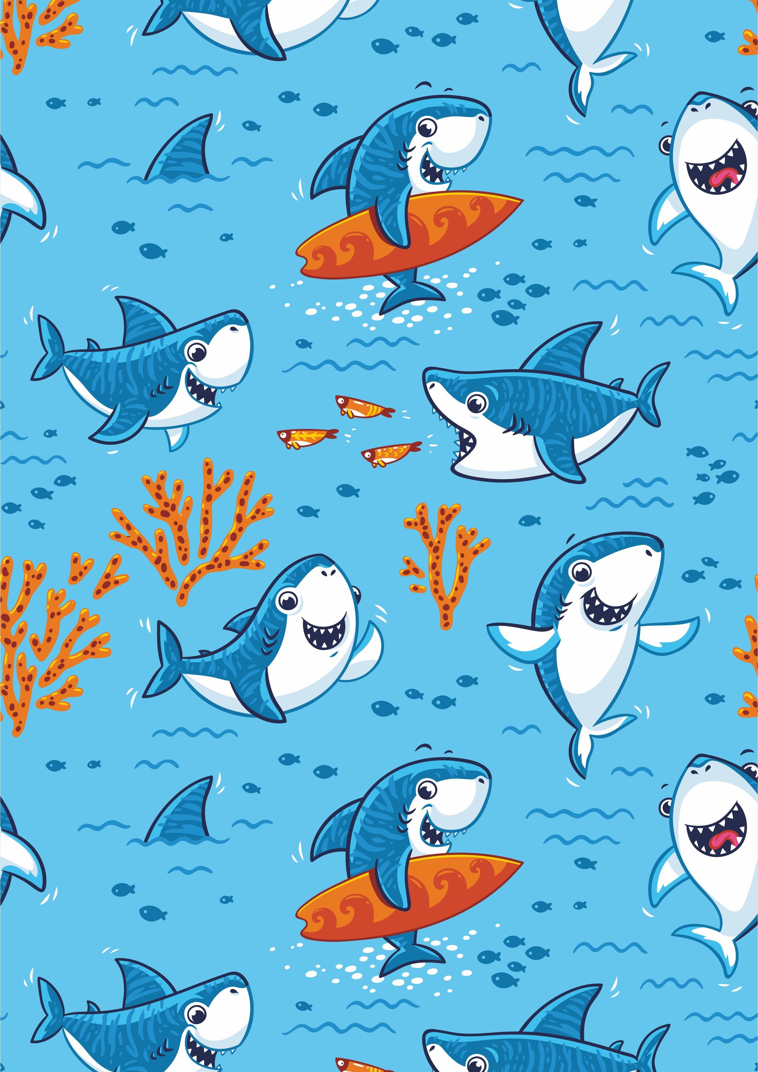 儿童卡通小鲨鱼海洋动物矢量图服装面料数码印花花型