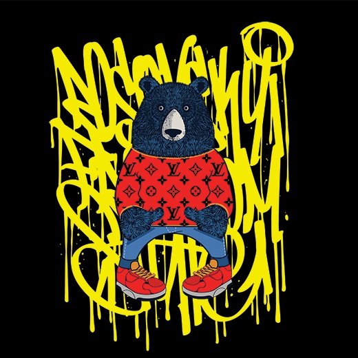 几何线条涂鸦动物熊潮牌lv花纹印花矢量图服装裁片t恤