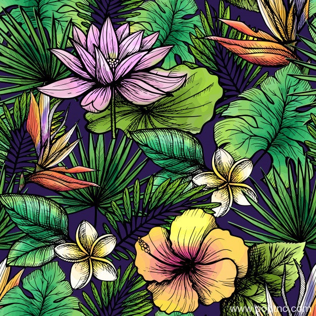 热带植物花卉服装数码印花矢量图