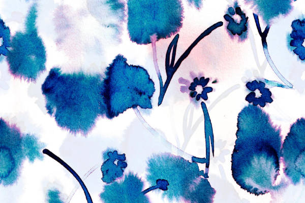 蓝色水墨风植物花卉矢量图