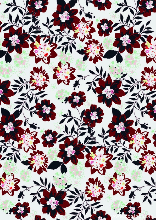 植物印花枣红色花瓣数码印花图案