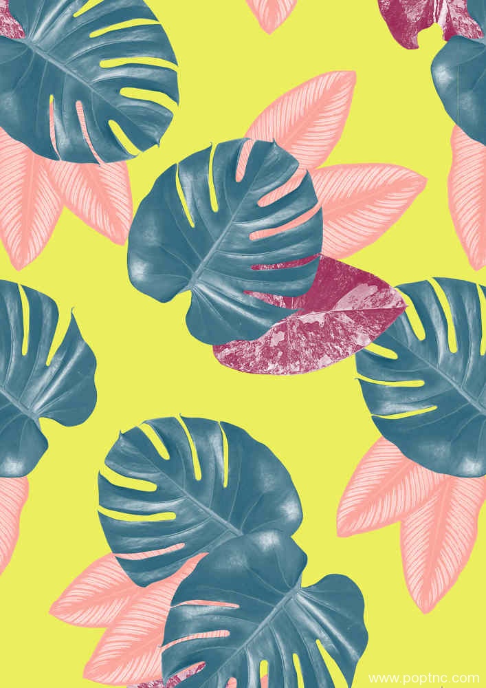 黄色底纹植物叶子拼接矢量图印花源文件