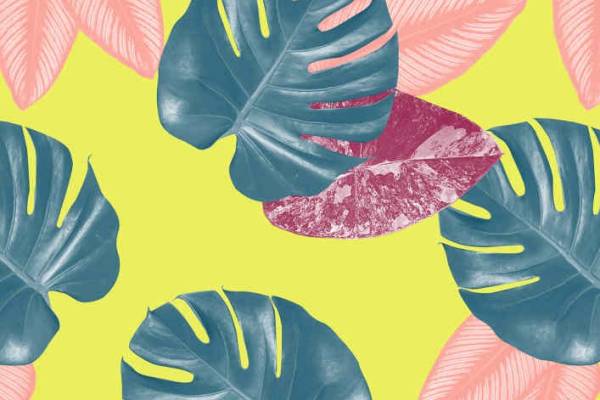 黄色底纹植物叶子拼接矢量图印花源文件