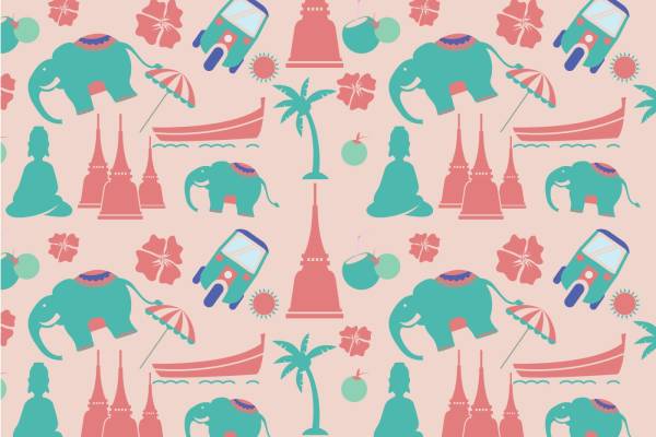 泰国风情大象三轮车花型印花矢量图