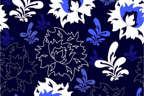 宝蓝色底白色大花纹数码印花矢量图