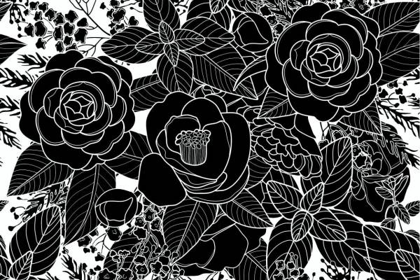 黑白牡丹花矢量图数码印花源文件