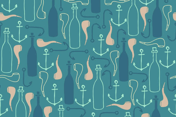 卡通手绘船锚烟斗酒瓶矢量图面料印花花型