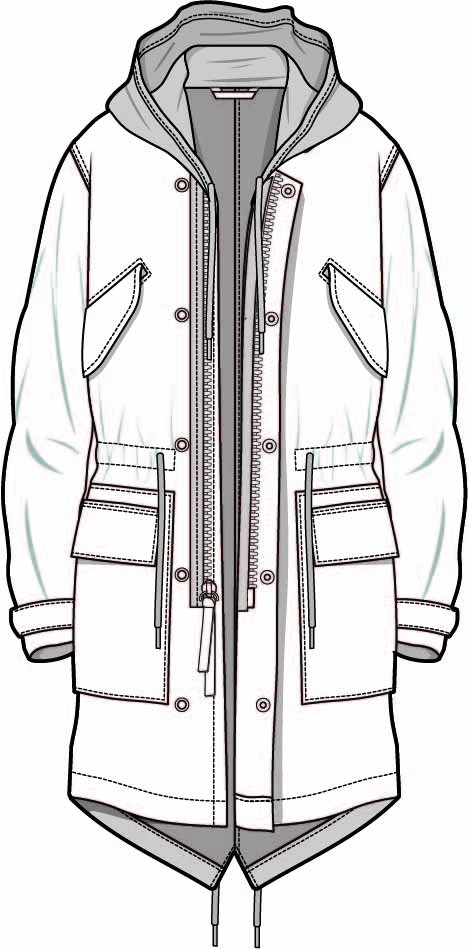 男士长款风衣设计矢量图大口袋拉链设计