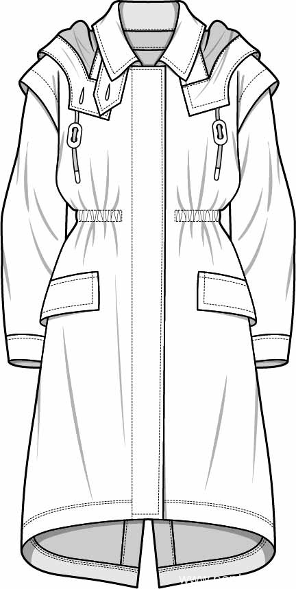 女士长款风衣外套设计矢量图收腰设计