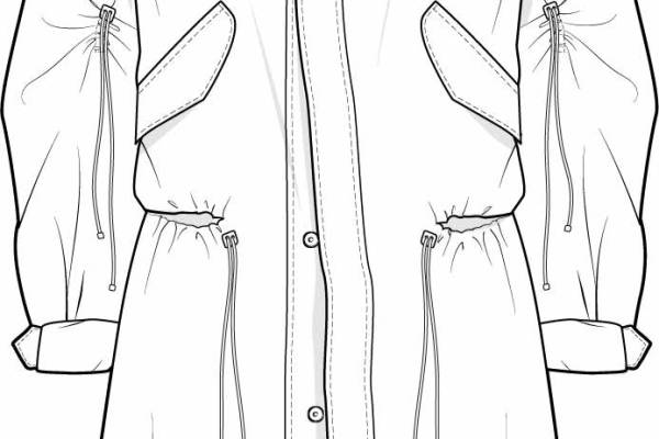 女士风衣外套设计矢量图收腰带帽设计稿