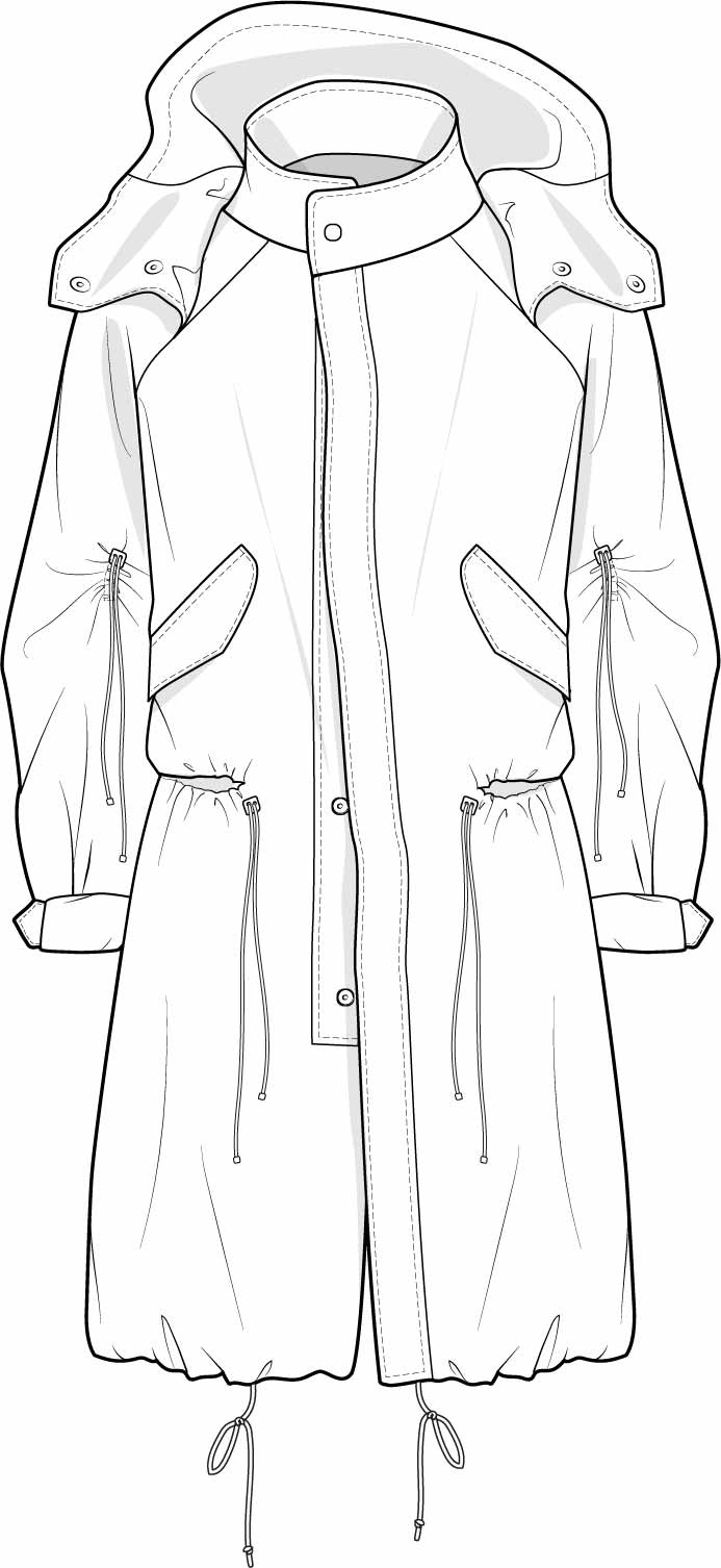 女士风衣外套设计矢量图收腰带帽设计稿