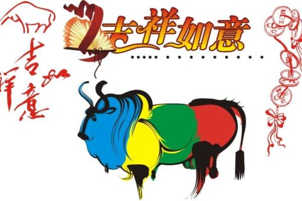 裁片花型公牛图案吉祥如意文字印花图案矢量图