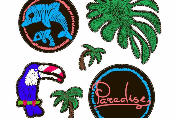 鸟类椰子树海豚印花矢量图裁片烫图花型