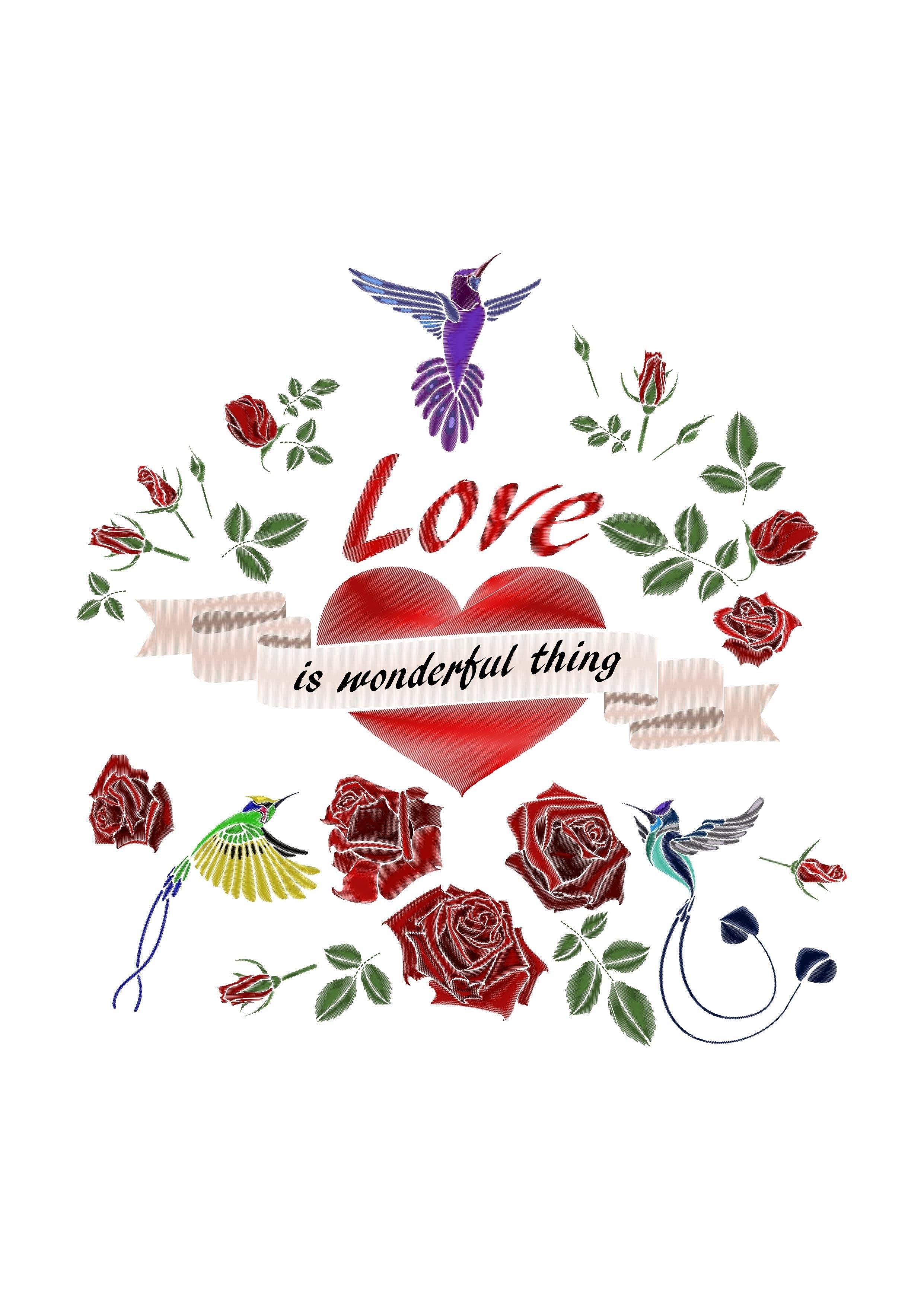 鸟类心形字母花朵矢量图裁片烫图印花花型