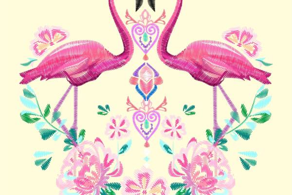 火烈鸟牡丹花朵矢量图服装裁片烫图印花花型