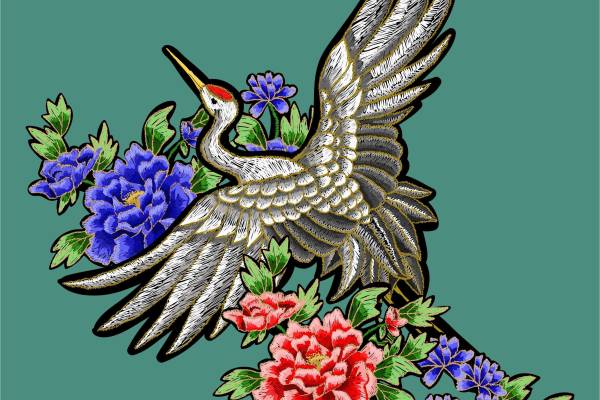 丹顶鹤牡丹花矢量图服装裁片烫图印花花型