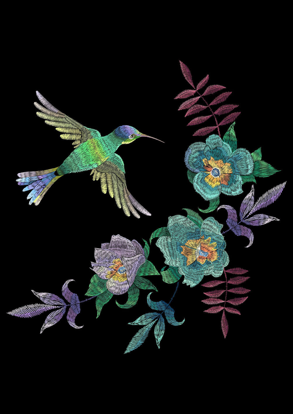 蜂鸟植物花卉矢量图服装裁片烫图印花花型