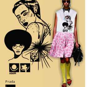PRADA女士爆炸头矢量图服装裁片烫图印花花型