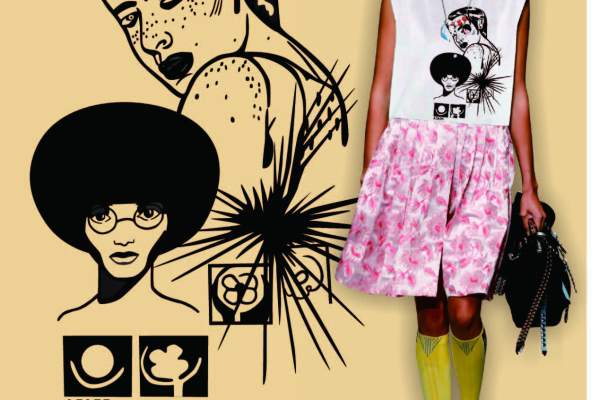 PRADA女士爆炸头矢量图服装裁片烫图印花花型