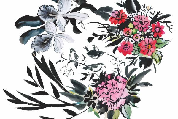 水墨植物花卉矢量图服装裁片T恤烫图印花花型