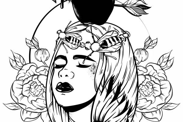 女孩蜜蜂牡丹花矢量图服装裁片T恤烫图素材