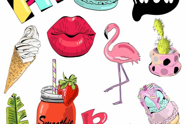 卡通汉堡唇印火烈鸟雪糕矢量图服装裁片T恤烫图素材