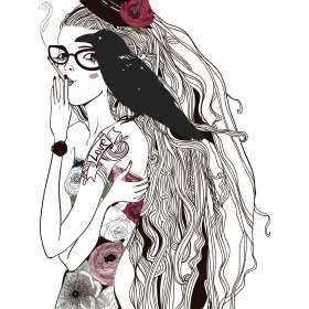 卡通人物乌鸦字母玫瑰花矢量图服装裁片T恤烫图素材