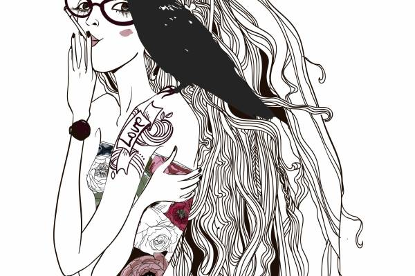 卡通人物乌鸦字母玫瑰花矢量图服装裁片T恤烫图素材