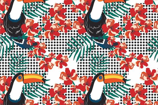 巨嘴鸟植物花朵矢量图服装面料数码印花花型素材