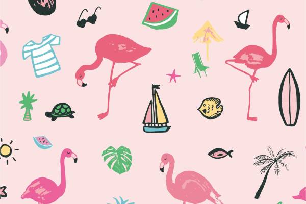 卡通火烈鸟菠萝海滩风矢量图服装面料数码印花花型素材