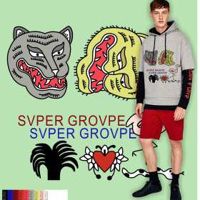 老虎怪兽几何心形字母矢量图服装裁片T恤烫图印花素材