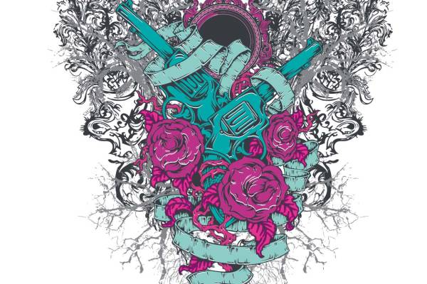 几何花纹玫瑰花枪支矢量图服装裁片T恤烫图印花花型素材