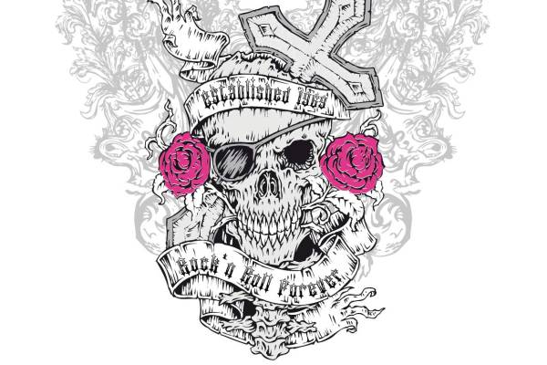 骷髅头十字架玫瑰花几何花纹矢量图服装裁片T恤烫图印花花型素材