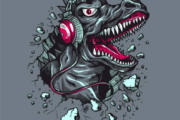 卡通动漫恐龙耳机矢量图服装裁片T恤烫图印花花型素材