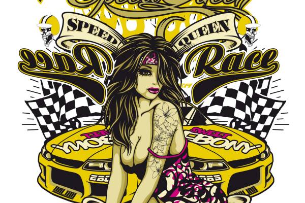 女士人物赛车字母矢量图服装裁片T恤烫图印花花型素材