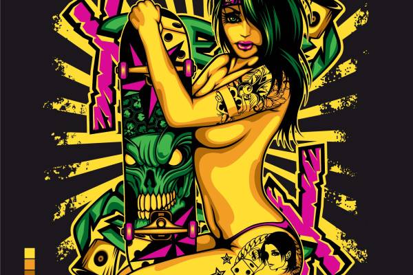 女士人体滑板字母矢量图服装裁片T恤烫图印花花型素材