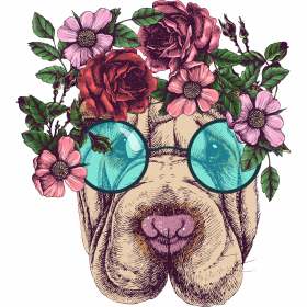 动物小狗牡丹花眼镜矢量图服装裁片T恤烫图印花花型素材