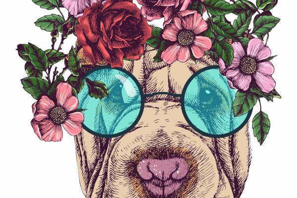 动物小狗牡丹花眼镜矢量图服装裁片T恤烫图印花花型素材