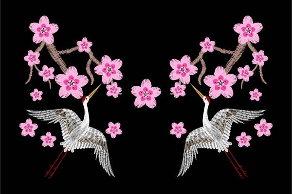 桃花丹顶鹤矢量图服装裁片T恤烫图印花花型素材