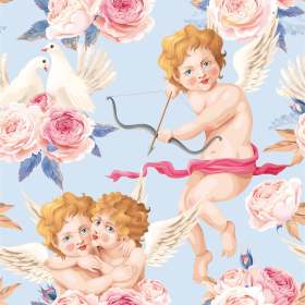 天使丘比特牡丹花鸽子矢量图服装面料数码印花花型素材