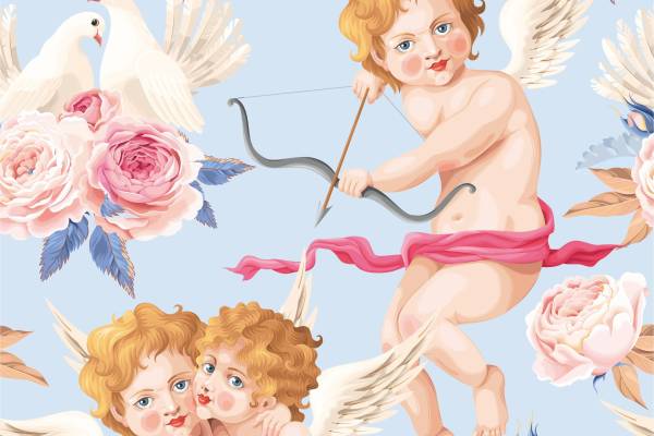 天使丘比特牡丹花鸽子矢量图服装面料数码印花花型素材