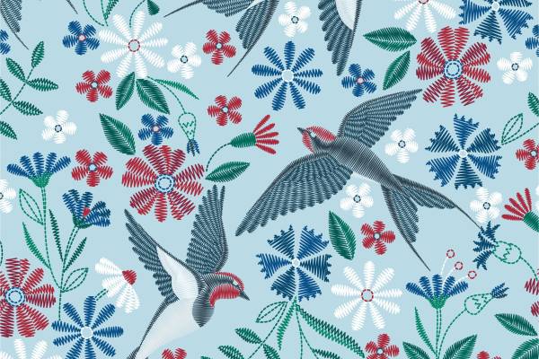 鸟类燕子植物花朵矢量图服装面料数码印花花型素材