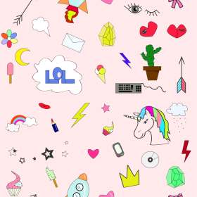 儿童粉色卡通独角兽飞船彩虹矢量图服装面料数码印花花型材料