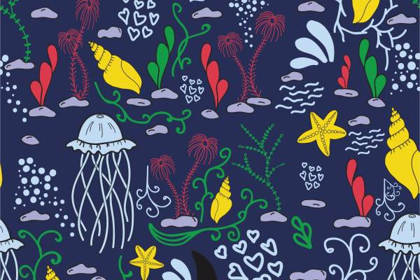 海洋风情鲸鱼海螺水母矢量图服装面料数码印花花型素材
