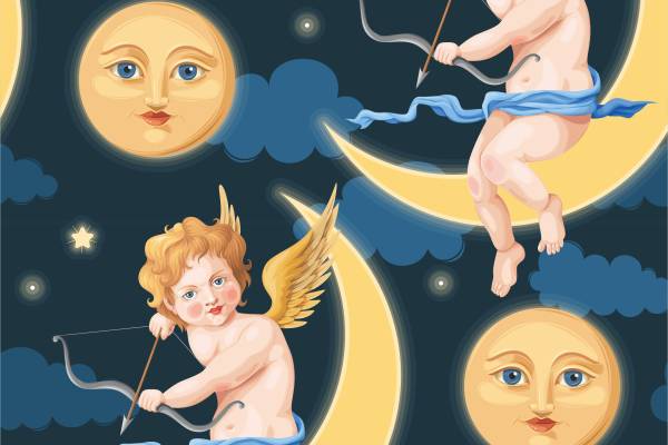 天使丘比特月亮云朵矢量图服装面料数码印花花型素材