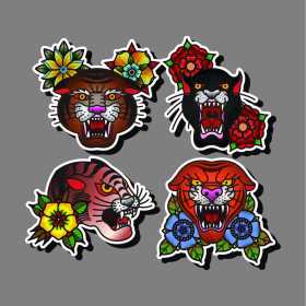 卡通老虎花朵矢量图服装裁片T恤烫图印花花型素材