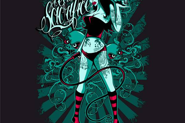 女孩皮鞭骷髅头字母矢量图服装裁片T恤烫图印花花型素材