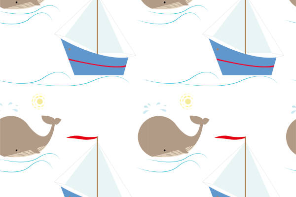 儿童卡通帆船小鲸鱼矢量图服装纺织面料数码印花花型素材