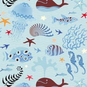 儿童海洋风情鲸鱼海马海螺矢量图服装纺织面料数码印花花型素材