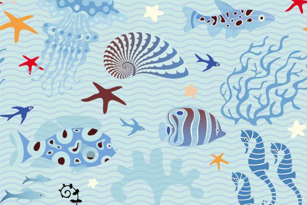 儿童海洋风情鲸鱼海马海螺矢量图服装纺织面料数码印花花型素材